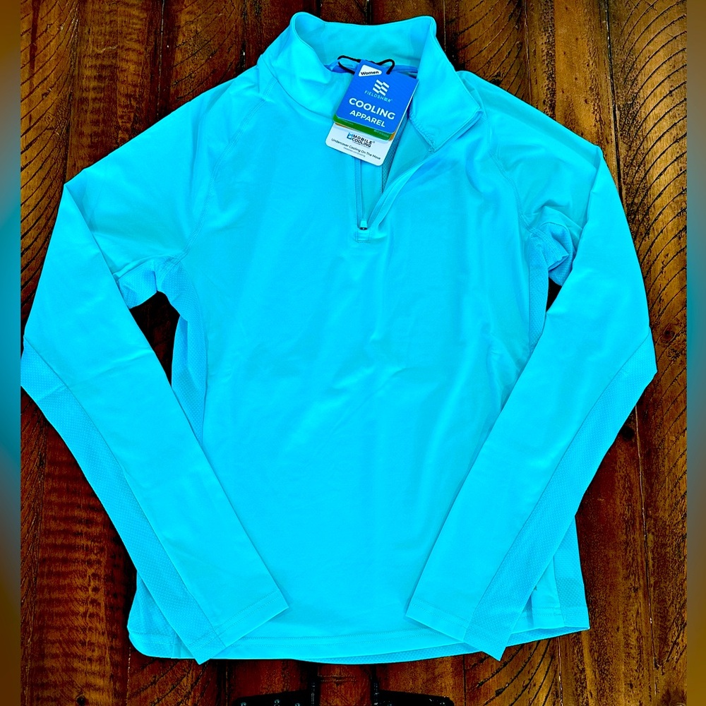 Equestrian Athletic Long Sleeve 1/4 Zip in Aqua with SPF &Cooling Technology.